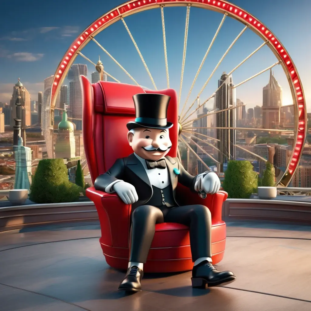 Mr. Monopoly drinking tea in front of the giant Monopoly Live wheel