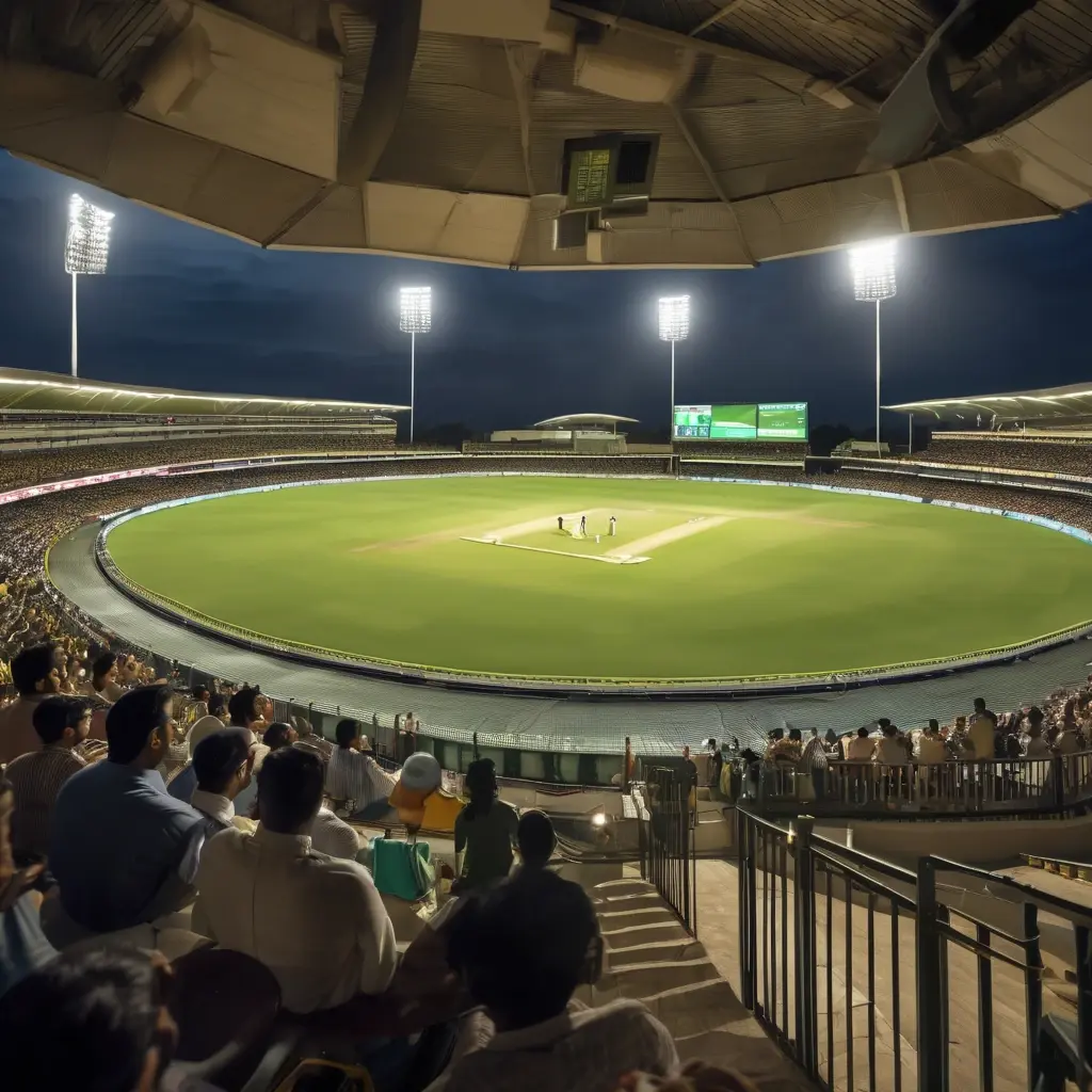 Cricket stadium scoreboard showing 50 overs match details with betting odds