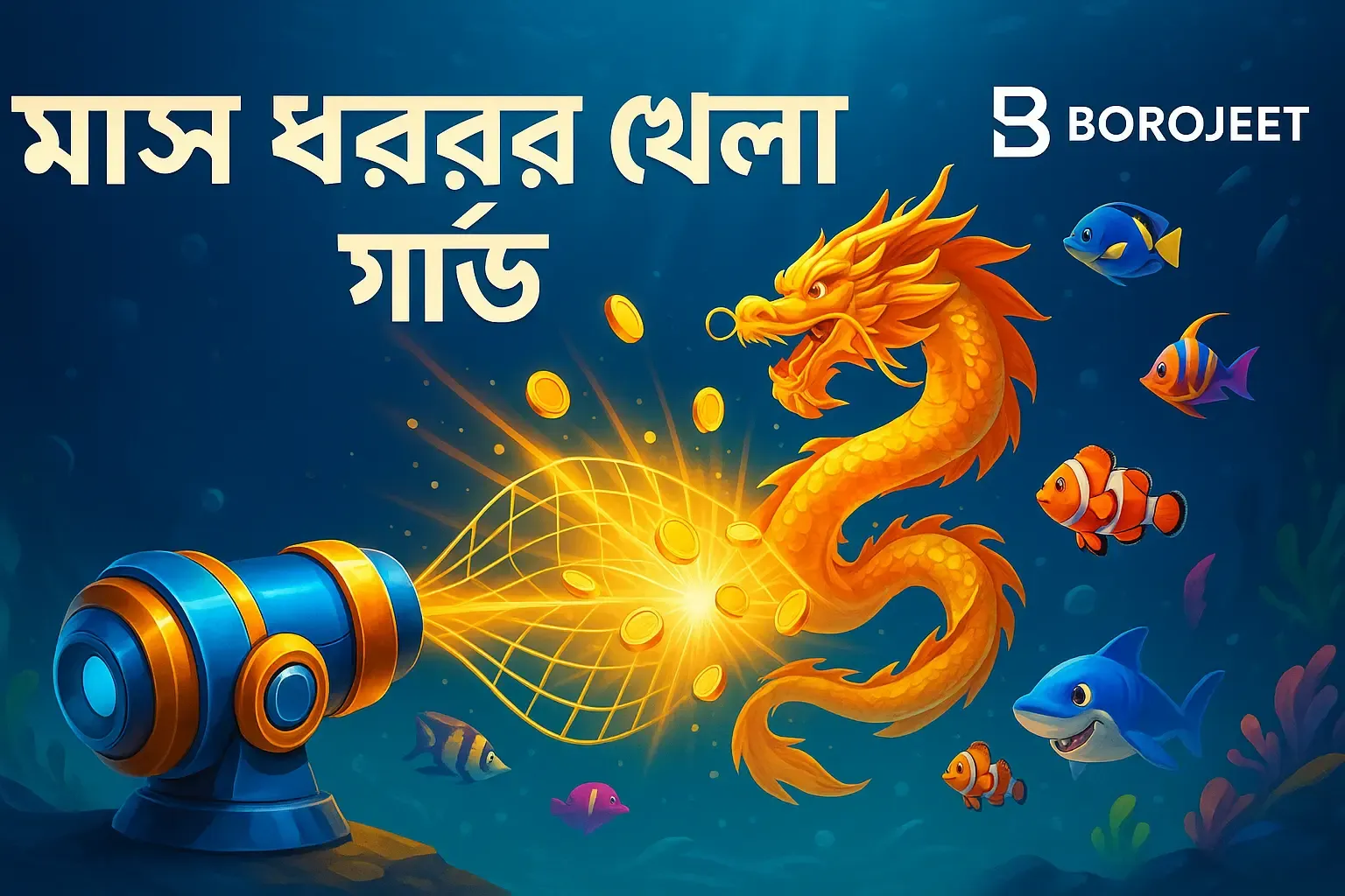 একটি মাছ ধরার খেলার প্রাণবন্ত স্ক্রিন, যেখানে রঙিন মাছ এবং কামান দেখানো হয়েছে, সাথে 'মাছ ধরার খেলা গাইড' লেখা।