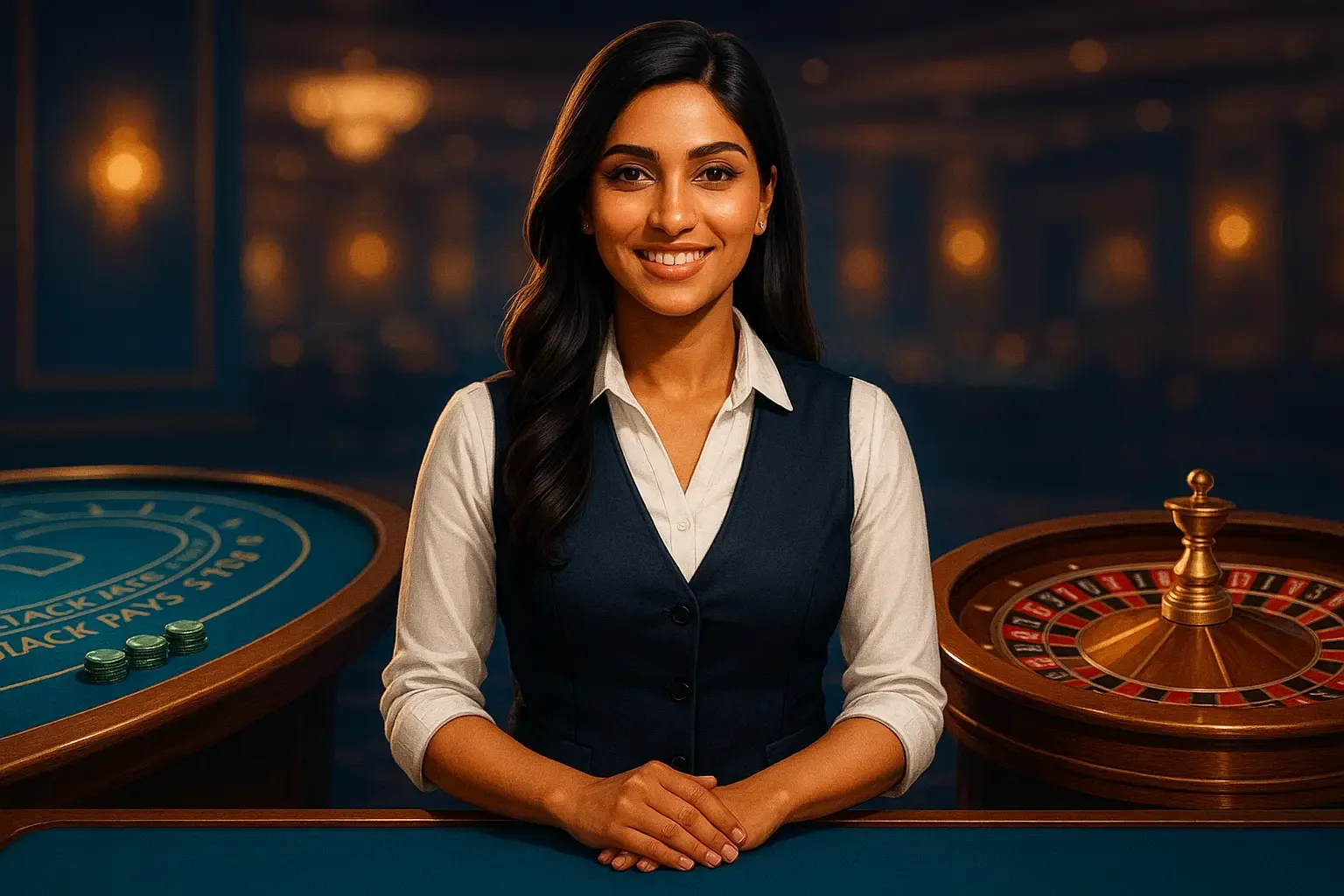 একজন বন্ধুত্বপূর্ণ লাইভ ডিলার একটি ব্ল্যাকজ্যাক এবং রুলেট টেবিলের সামনে দাঁড়িয়ে আছেন, যা লাইভ ক্যাসিনো গেমিংয়ের উত্তেজনাকে তুলে ধরেছে।