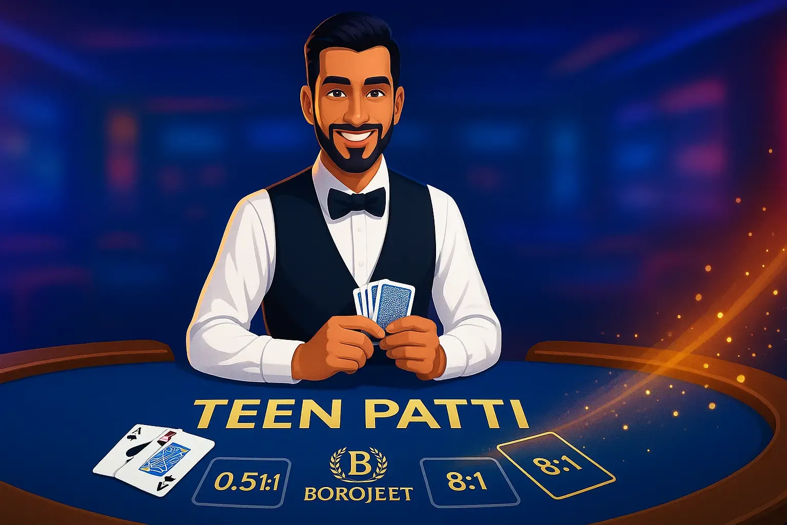 একজন লাইভ ডিলার একটি টিন পট্টি টেবিলে কার্ড ডিল করছেন, যা বাংলাদেশে অনলাইন টিন পট্টি খেলার উত্তেজনাকে তুলে ধরেছে।