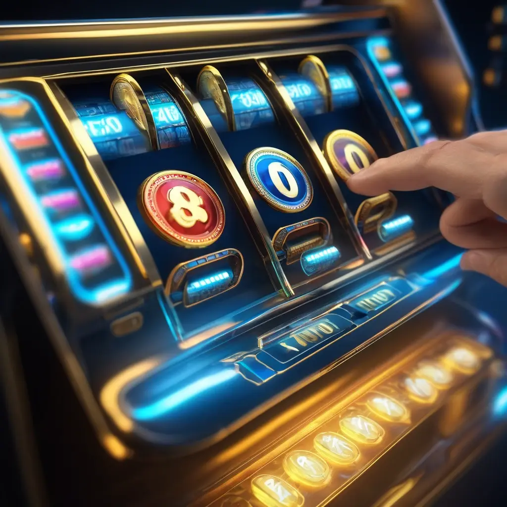 A magnifying glass hovering over a digital slot machine paytable with symbols and numbers