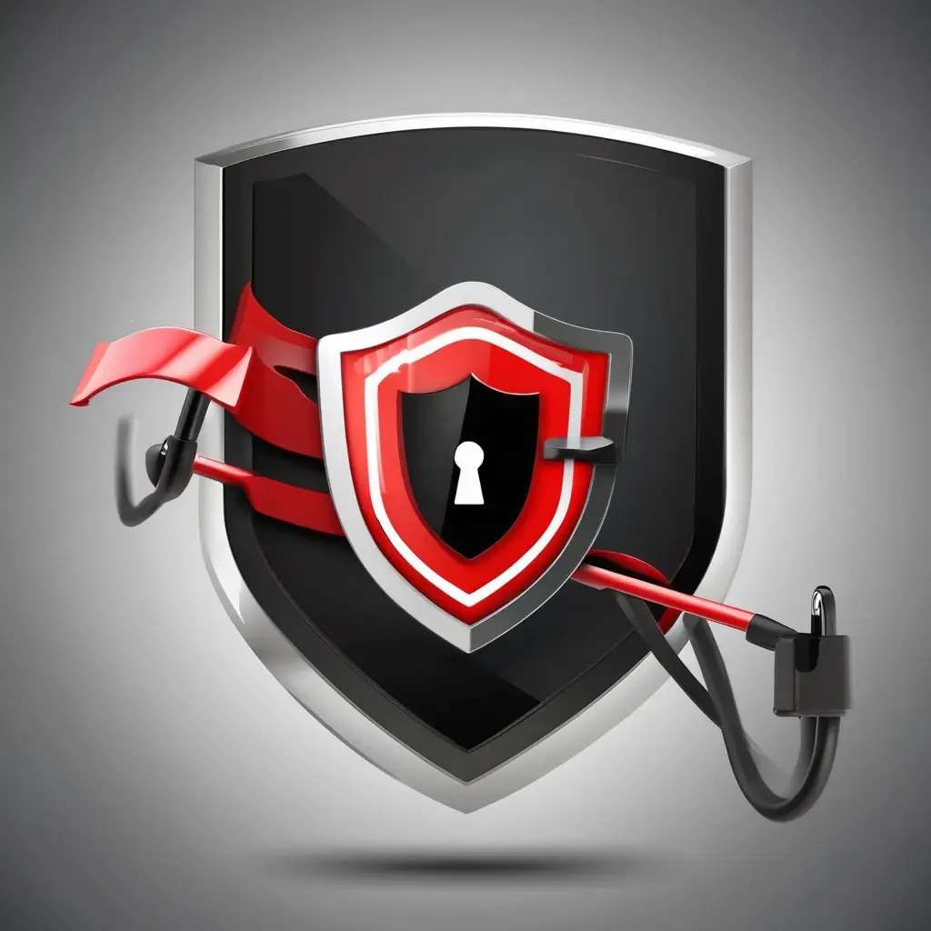 Digital shield with a lock icon blocking a fishing hook (phishing symbol), red warning background