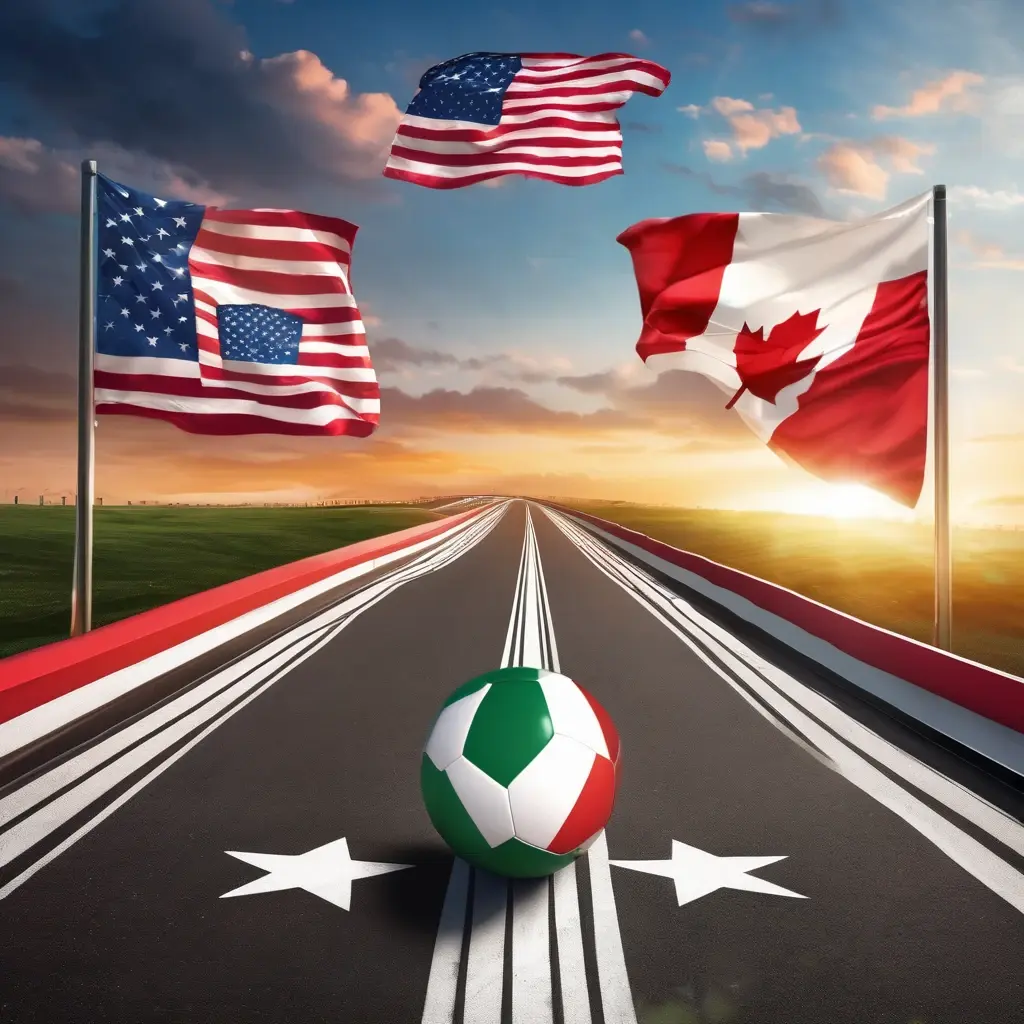 A world map with highlighted qualifying zones (Asia, South America, Europe) and football lines connecting them to North America