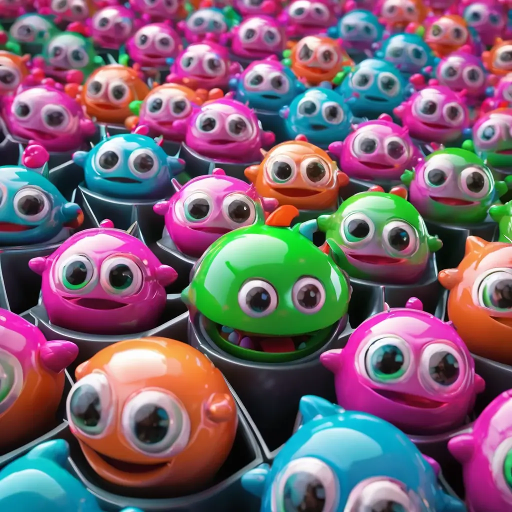 Colorful 7x7 grid of Reactoonz aliens with the Gargantoon monster waiting on the side.