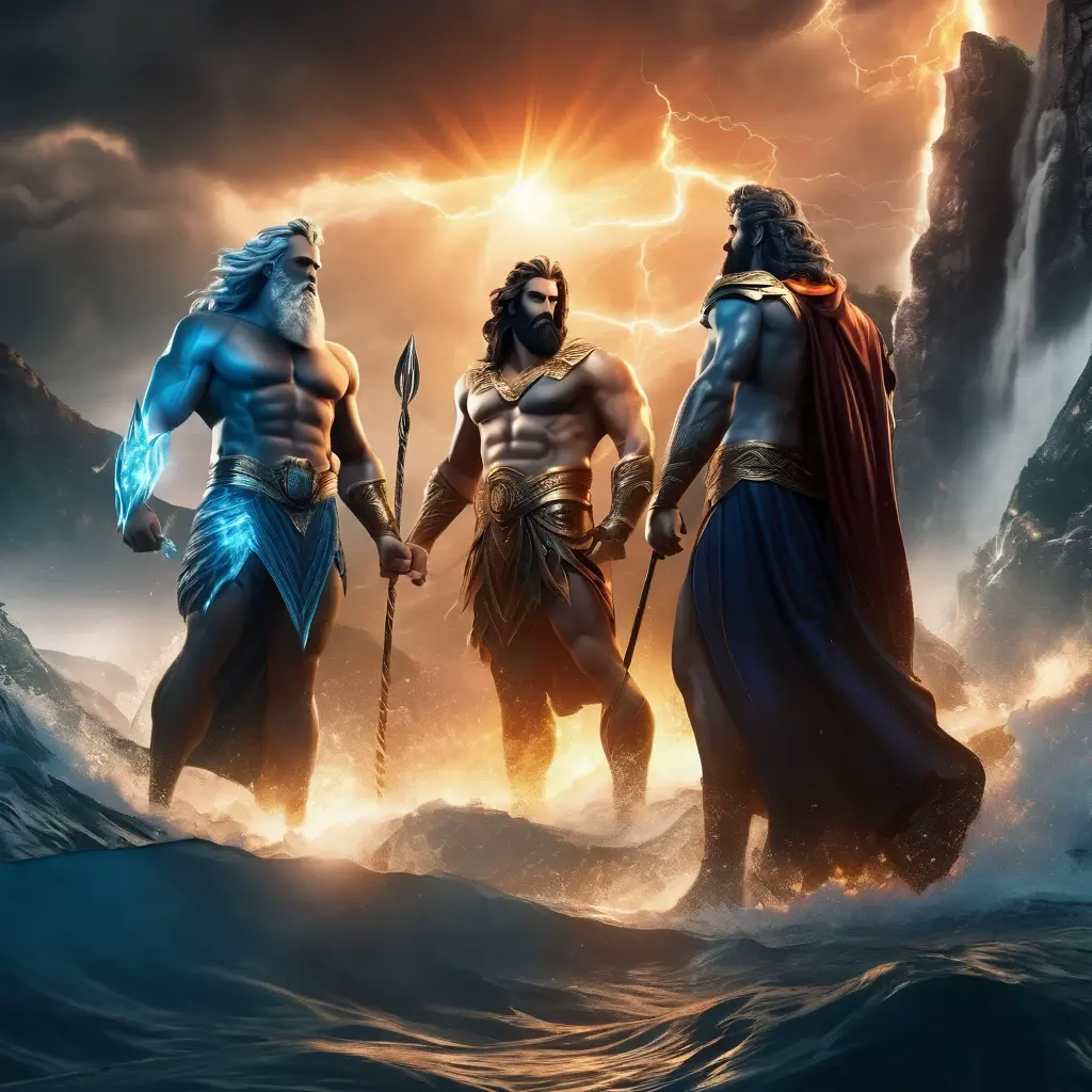 Zeus, Poseidon, and Hades standing together with lightning, water, and fire effects.