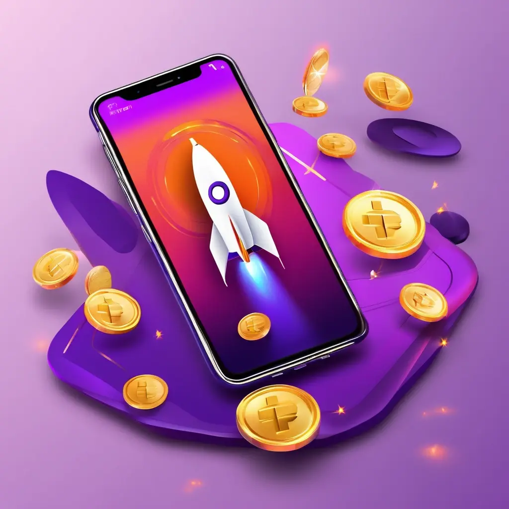 Rocket logo with coins representing betting deposits. রকেট পেমেন্ট লোগো এবং কয়েন।