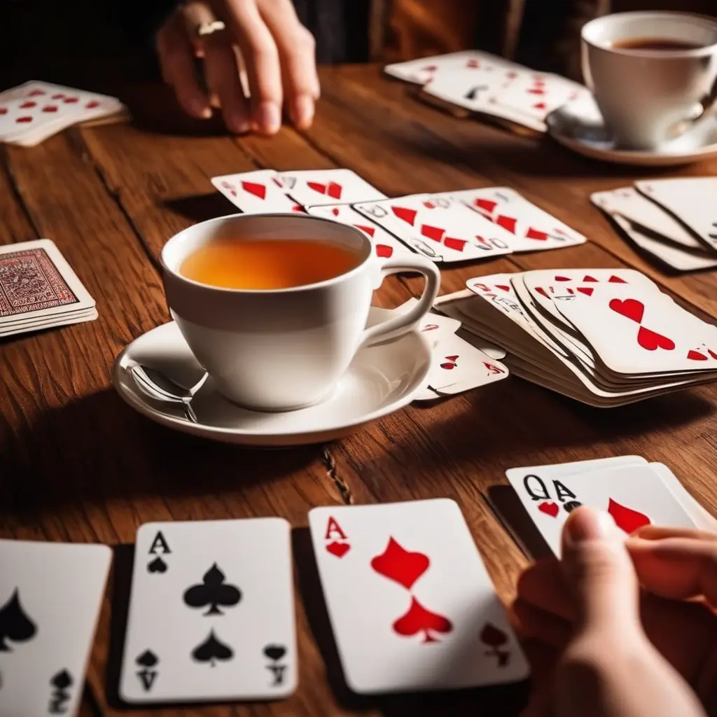A player organizing a hand of cards into sets and sequences on a wooden table