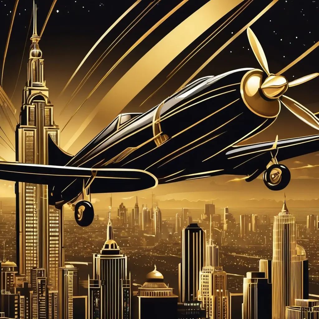 Art deco style airplane flying over a city skyline