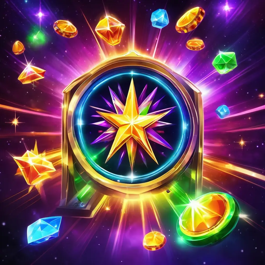 Vibrant cosmic background with floating colorful gems and the Starburst logo.