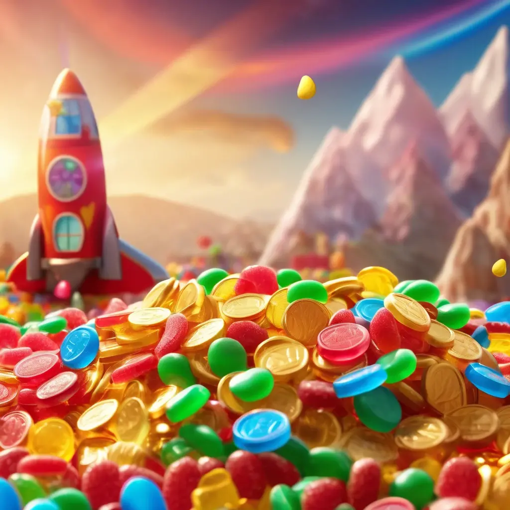 Sugar Rush slot game background with gummy bears and multipliers. সুগার রাশ স্লট গেমের দৃশ্য।