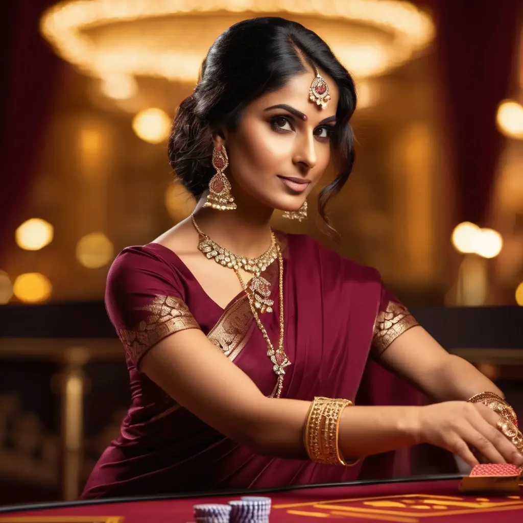 Indian dealer in a saree at a Super Andar Bahar table holding a card, gold studio background