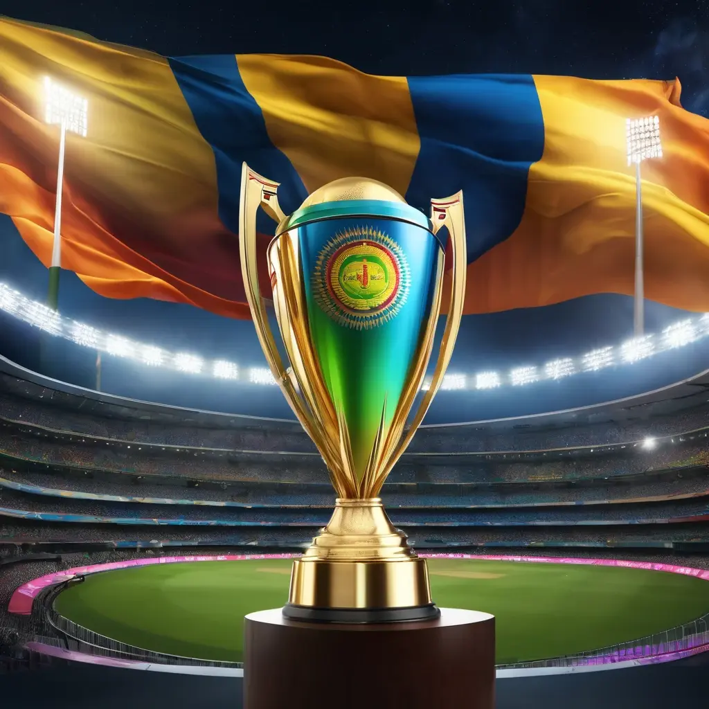 T20 World Cup trophy with flags of participating nations