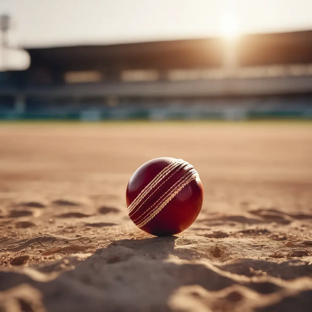 Close up of a red cricket ball on a dusty pitch with test match field placements in background