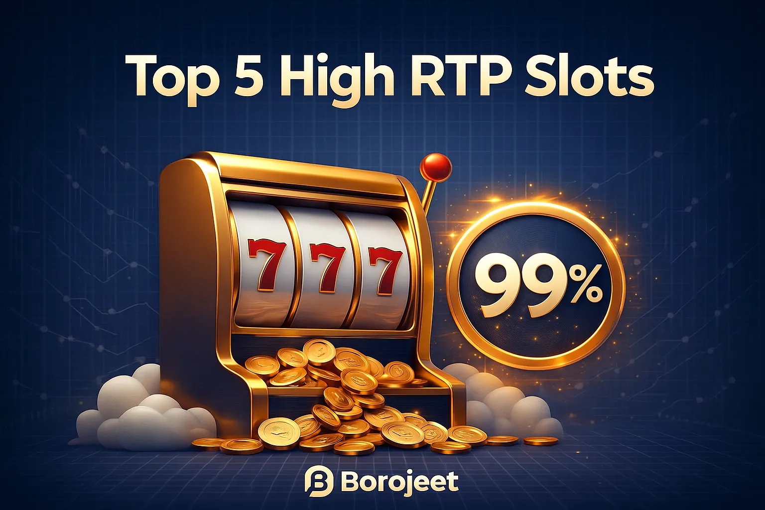 একটি উজ্জ্বল গোল্ডেন স্লট মেশিনের পাশে 'High RTP' লেখা, যা উচ্চ প্লেয়ার রিটার্ন সহ গেমগুলিকে নির্দেশ করে।