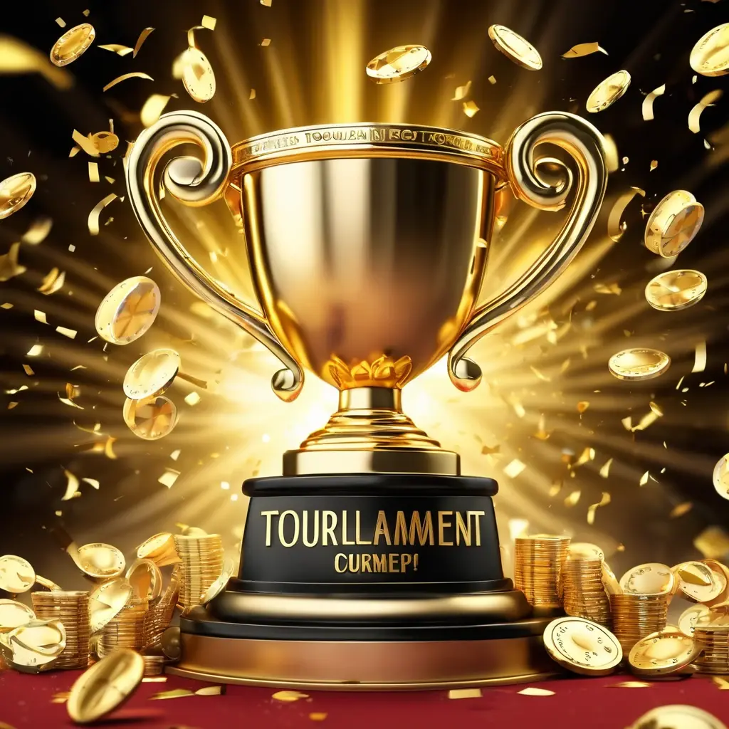 Golden trophy cup surrounded by slot machines and falling confetti, championship atmosphere