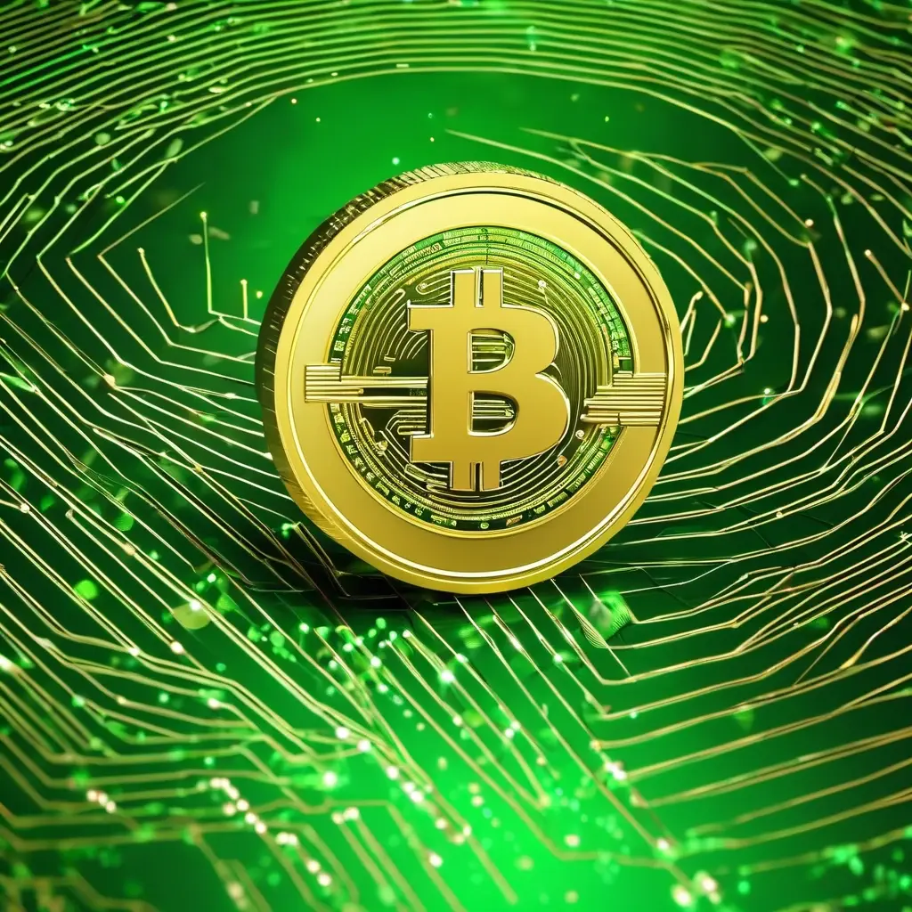 Gold Tether (USDT) coin glowing green on a digital circuit background