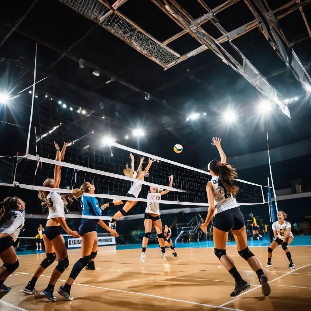 Volleyball players jumping at the net during a match