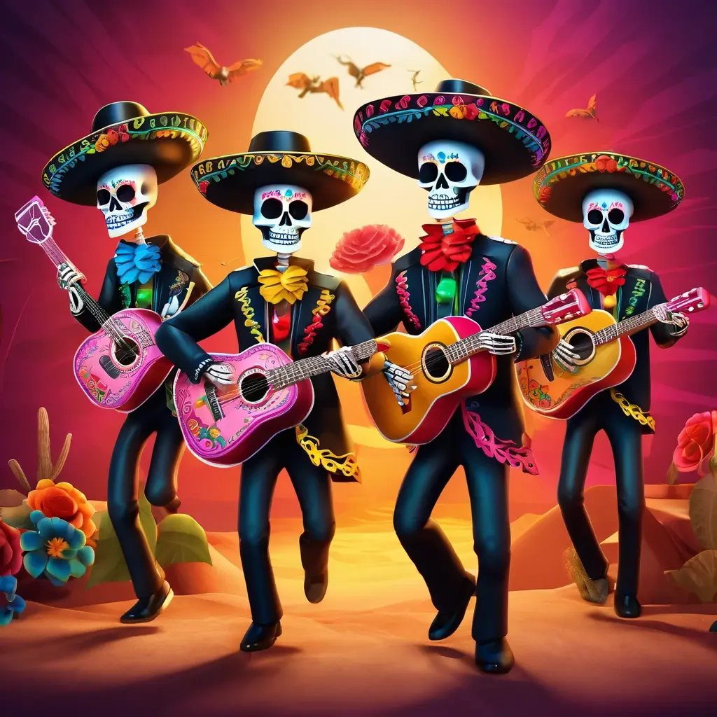 Wild Bandito slot characters, three skeleton mariachi musicians with guitars