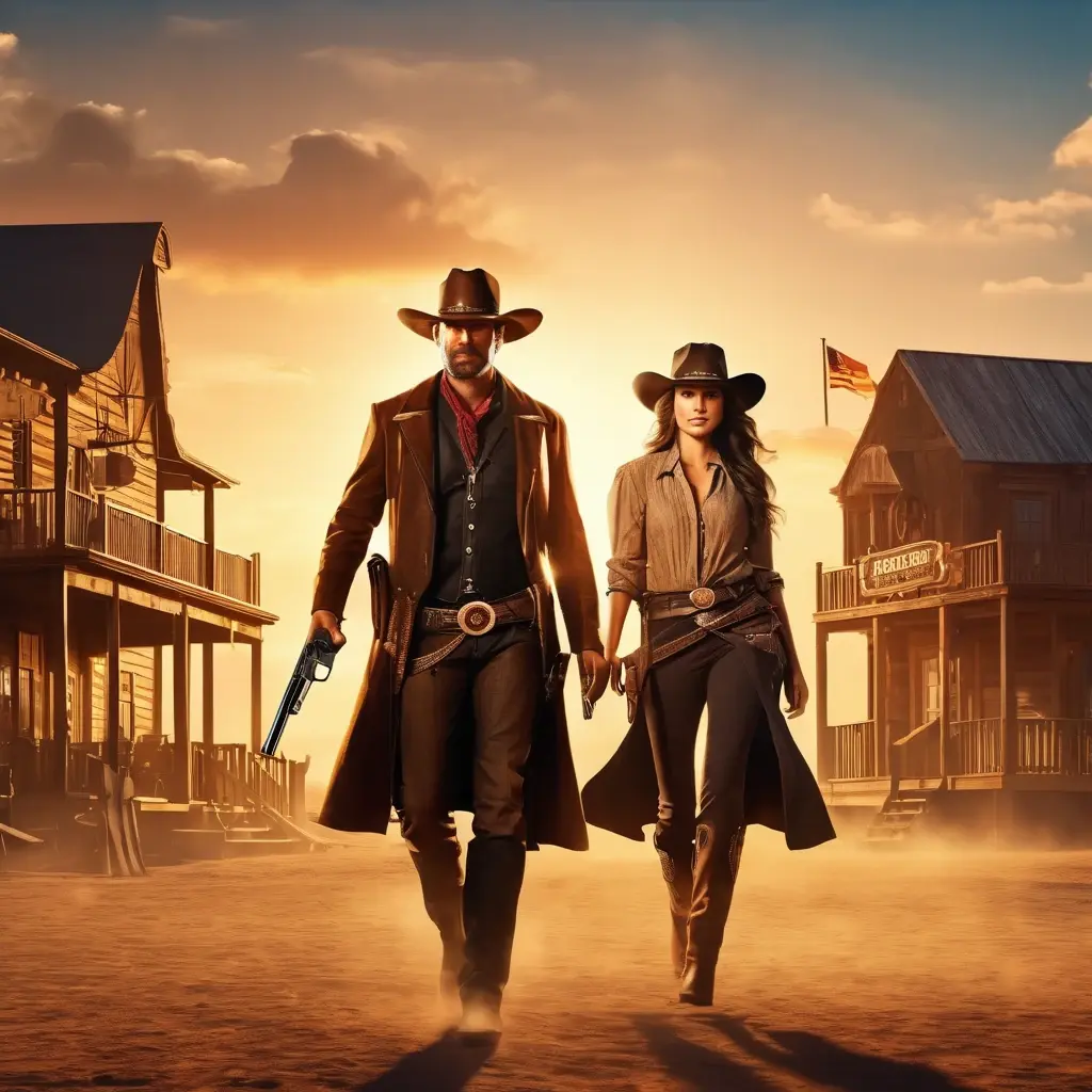 Wild West Gold slot characters (cowboy and cowgirl) with guns - ওয়াইল্ড ওয়েস্ট গোল্ড