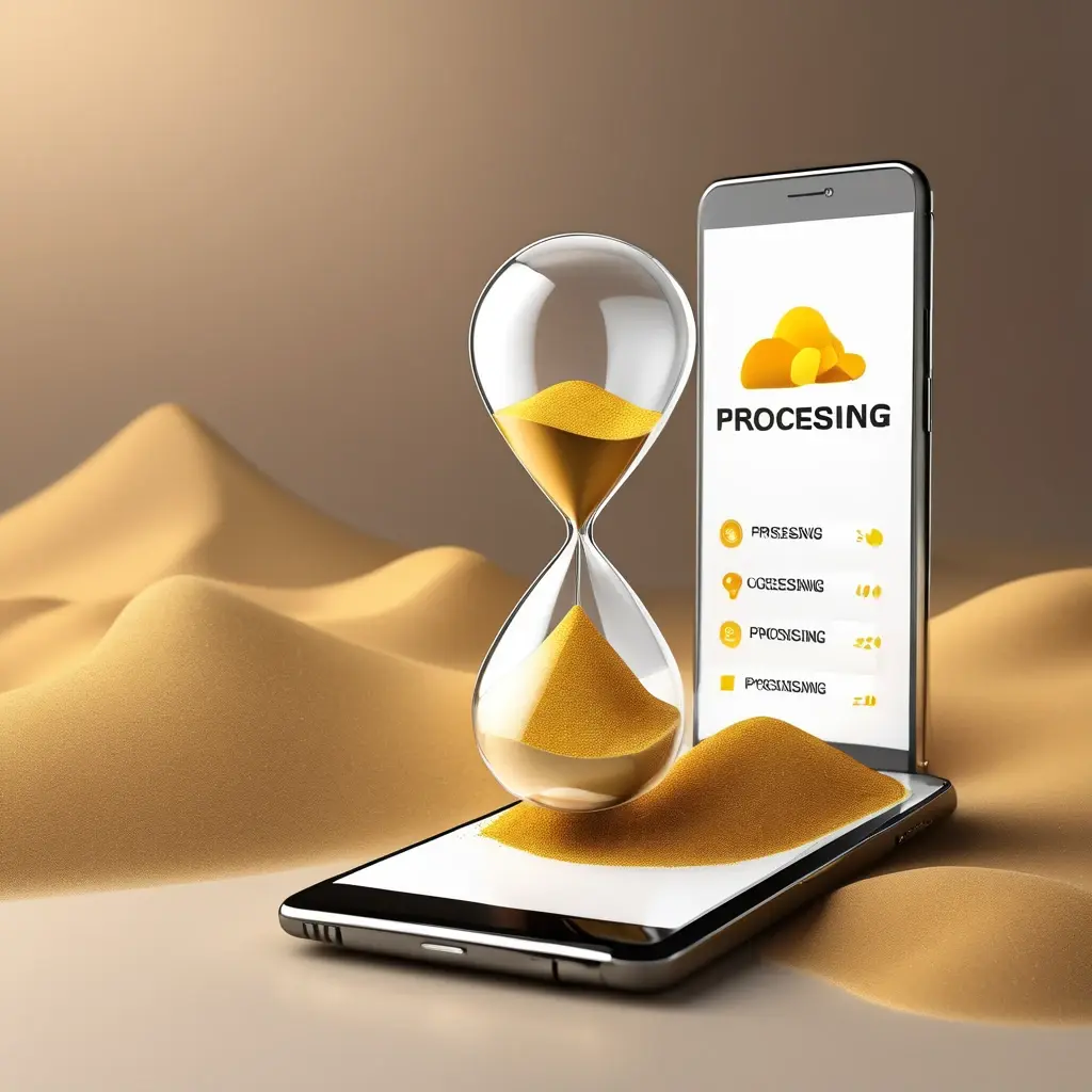 3D hourglass with golden sand next to a 'Processing' status bar on a smartphone screen