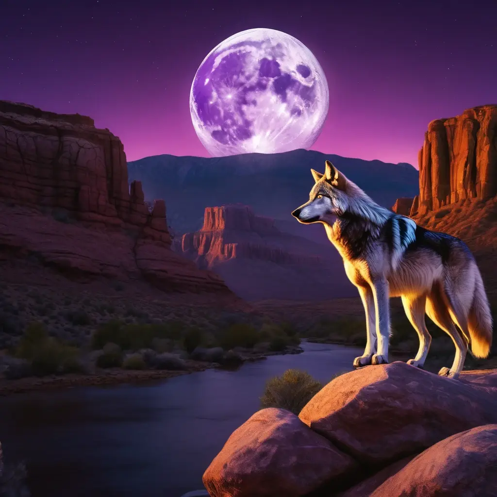 Wolf Gold slot logo with a majestic wolf howling against a full moon in a desert canyon.