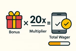 একটি ইনফোগ্রাফিক যা ওয়েজারিং রিকোয়ারমেন্টের সূত্রটি দেখাচ্ছে: বোনাসের পরিমাণকে গুণক দিয়ে গুণ করে মোট বাজি ধরার পরিমাণ নির্ধারণ করা হয়।